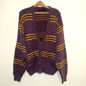 Vintage 80’s Design Studio Large Purple Knitted Cardigan Sweater Stripe